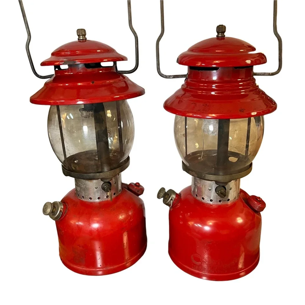 Two VTG Coleman Red 200A Lanterns Single Mantle Pyrex Globe 1962 & 1963 Made USA